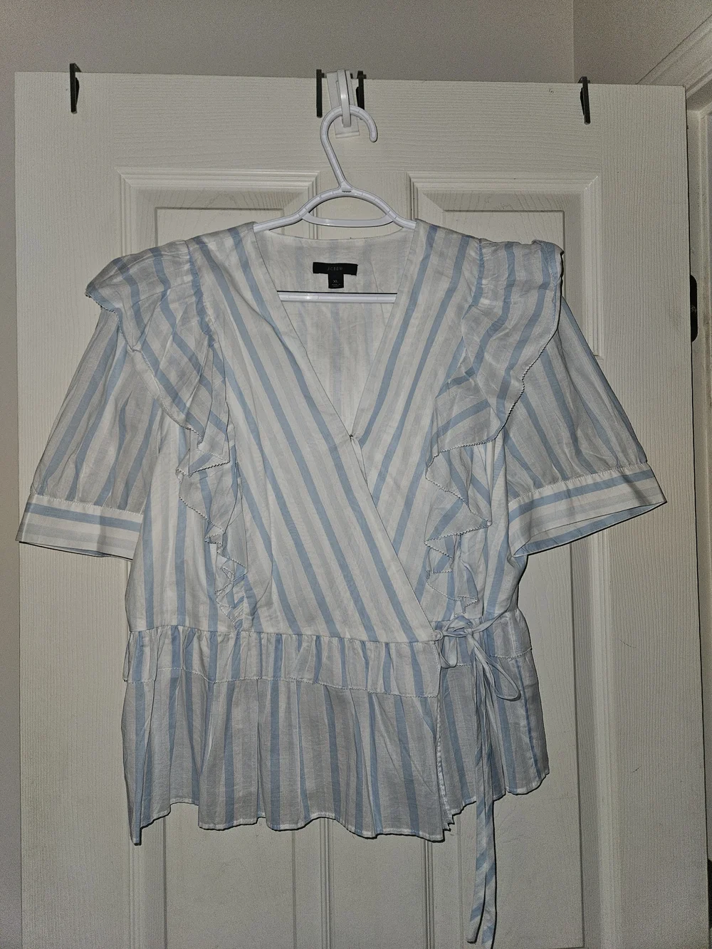 J. Crew Blue and White Striped Ruffle Wrap Blouse